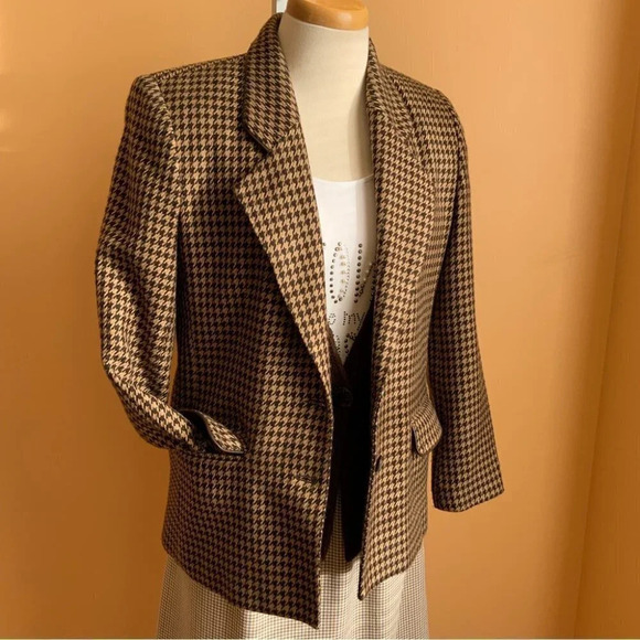 VINTAGE Brown/Tan Houndstooth Structured Blazer Size 10 - Picture 4 of 14